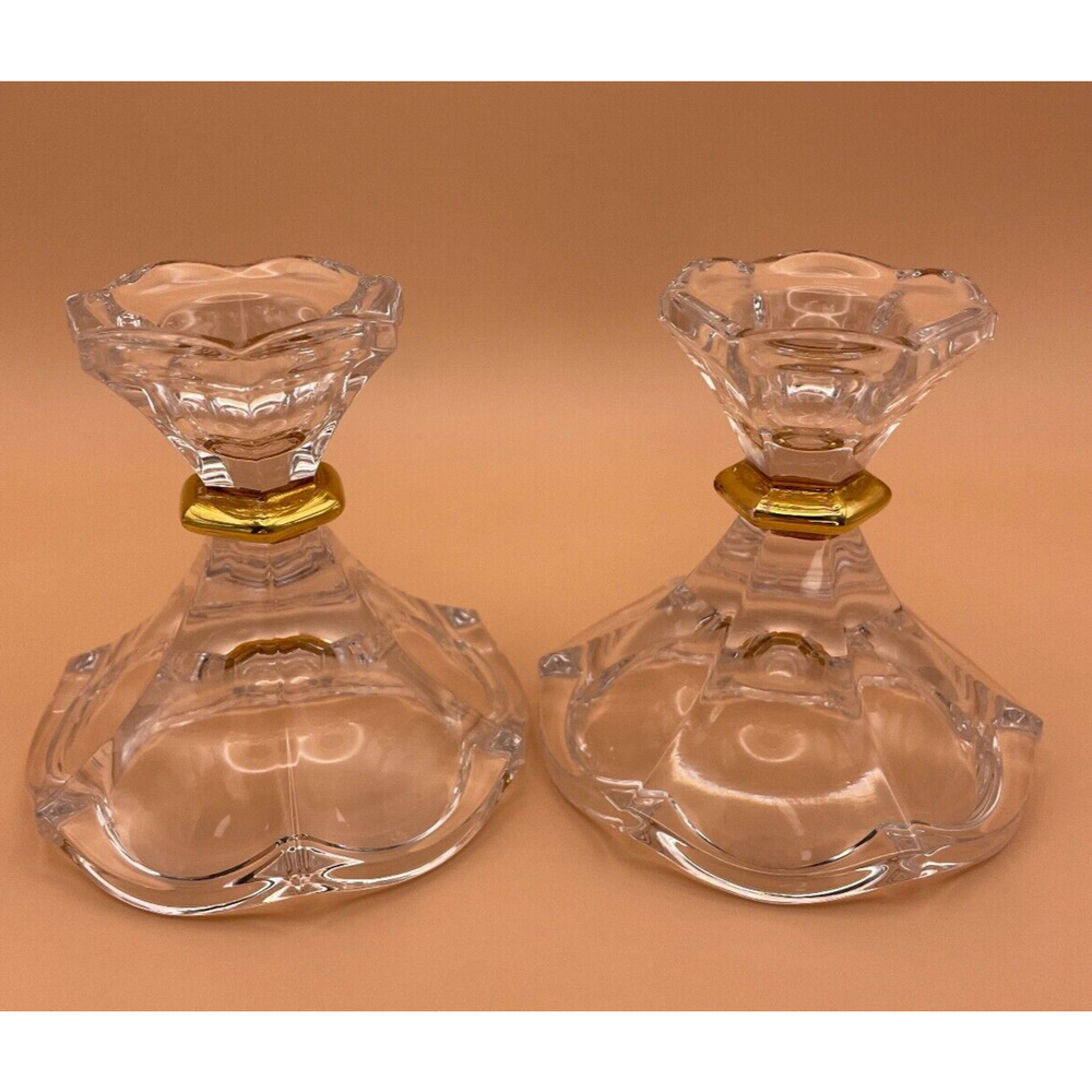 Gorham Heavy Cut Crystal Gold Band Matched Pair Candlesticks ONLY, Pre-owned